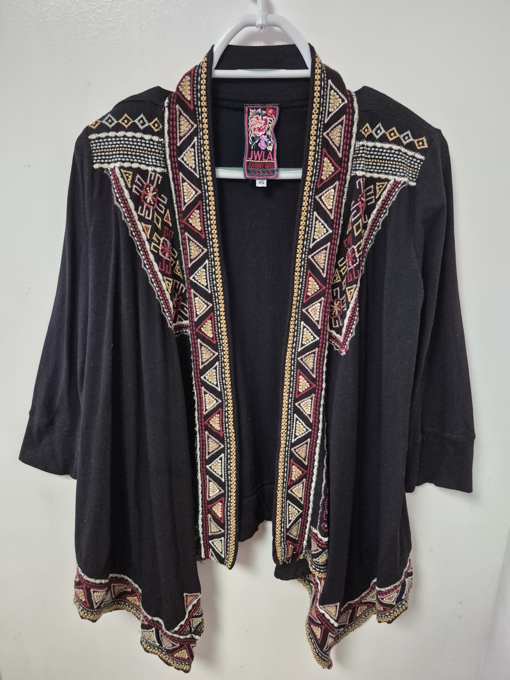 Was Johnny Embroidered Black Open Front Cardigan sz XS Geometric Waterfall Boho
